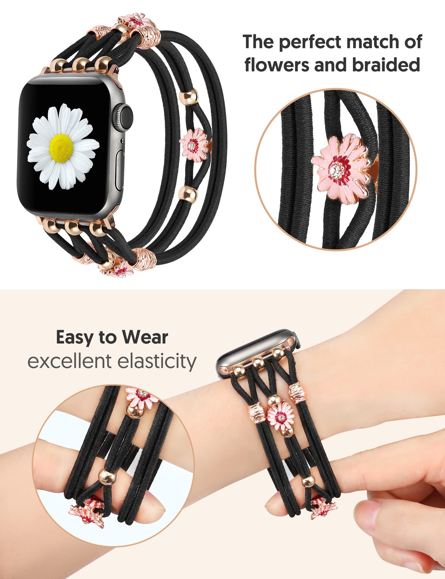 TOYOUTHS Floral Bracelet Compatible with Apple Watch Band 42/41/40/38mm Women, Boho Beaded Braided Slim Elastic Stretchy Solo Loop Dressy Nylon Strap for iWatch Series 10/9/SE/8/7/6/5/4/3/2/1