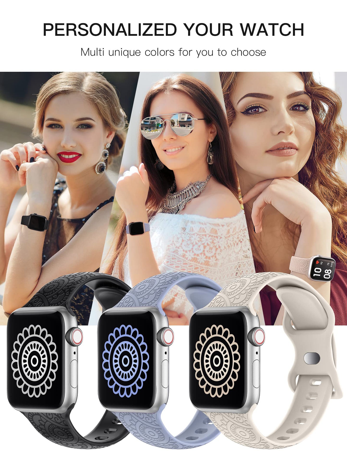 TOYOUTHS 3-Pack Compatible with Apple Watch Band 38mm 40mm 41mm Women Soft Silicone Laser Engraved Boho Floral Bracelet Sport Straps for iWatch Series 9 8 7 6 5 4 3 2 1 SE