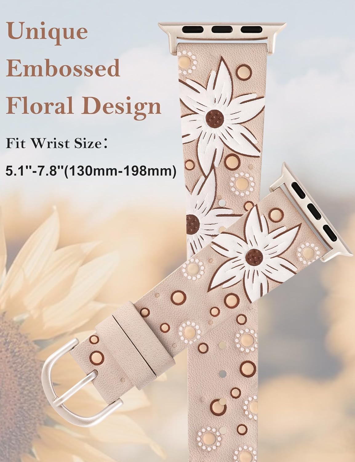 TOYOUTHS Leather Band Compatible with Apple Watch Strap Women 38/40/41/42mm Fancy Western Embossed Sunflower Floral Bracelet Wristband for iWatch Bands Series 10 9 8 7 6 5 4 3 2 1 SE