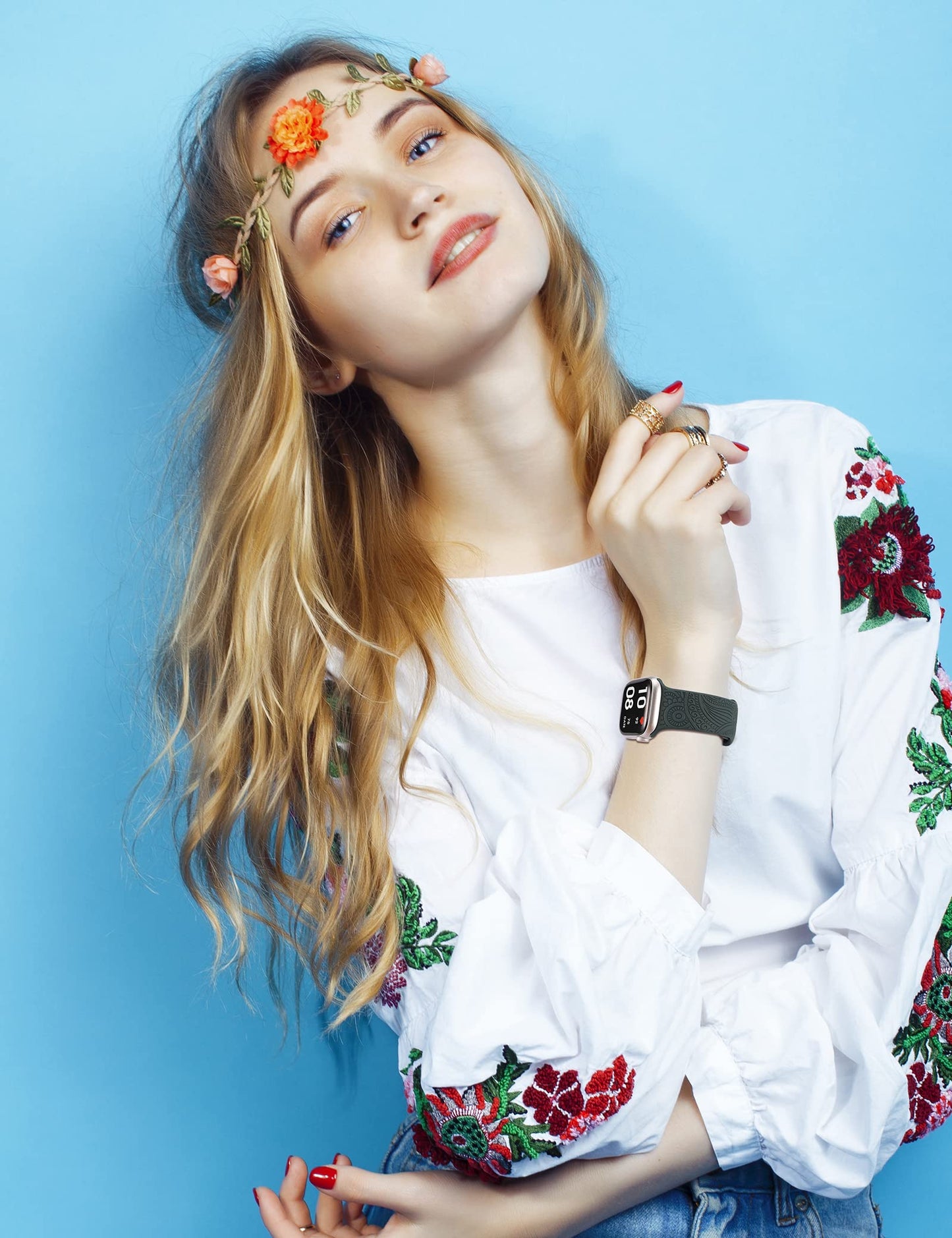 TOYOUTHS Boho Engraved Bracelet Compatible with Apple Watch Band 38mm 40mm 41mm Women Designer Bohemian Fall Floral Soft Silicone Waterproof Sport Strap for iWatch Series 9/8/7/6/5/4/3/2/1/SE
