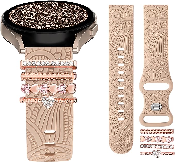 TOYOUTHS Compatible with Samsung Galaxy Watch 6/6 Classic/Watch 5/5 Pro/Watch 4 Band with Charms Women, 20mm Silicone Floral Engraved Strap with Ring Loops for Watch 3 41mm/Active 2