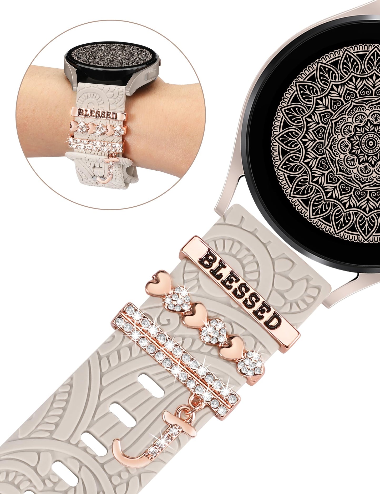 TOYOUTHS Compatible with Samsung Galaxy Watch 6/6 Classic/Watch 5/5 Pro/Watch 4 Band with Charms Women, 20mm Silicone Floral Engraved Strap with Ring Loops for Watch 3 41mm/Active 2
