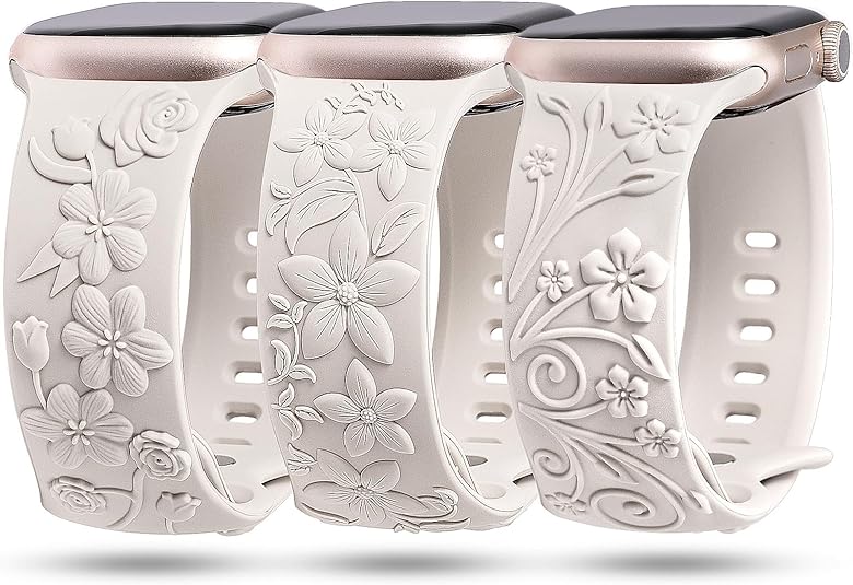 TOYOUTHS 3 Pack Floral Embossed Bands Compatible with Apple Watch Band 38/40/41/42/44/45/49mm Women, Engraved Soft Silicone 3D Flower Cute Dressy Straps for iWatch Series 9/SE/Ultra/8/7/6/5/4/3/2/1