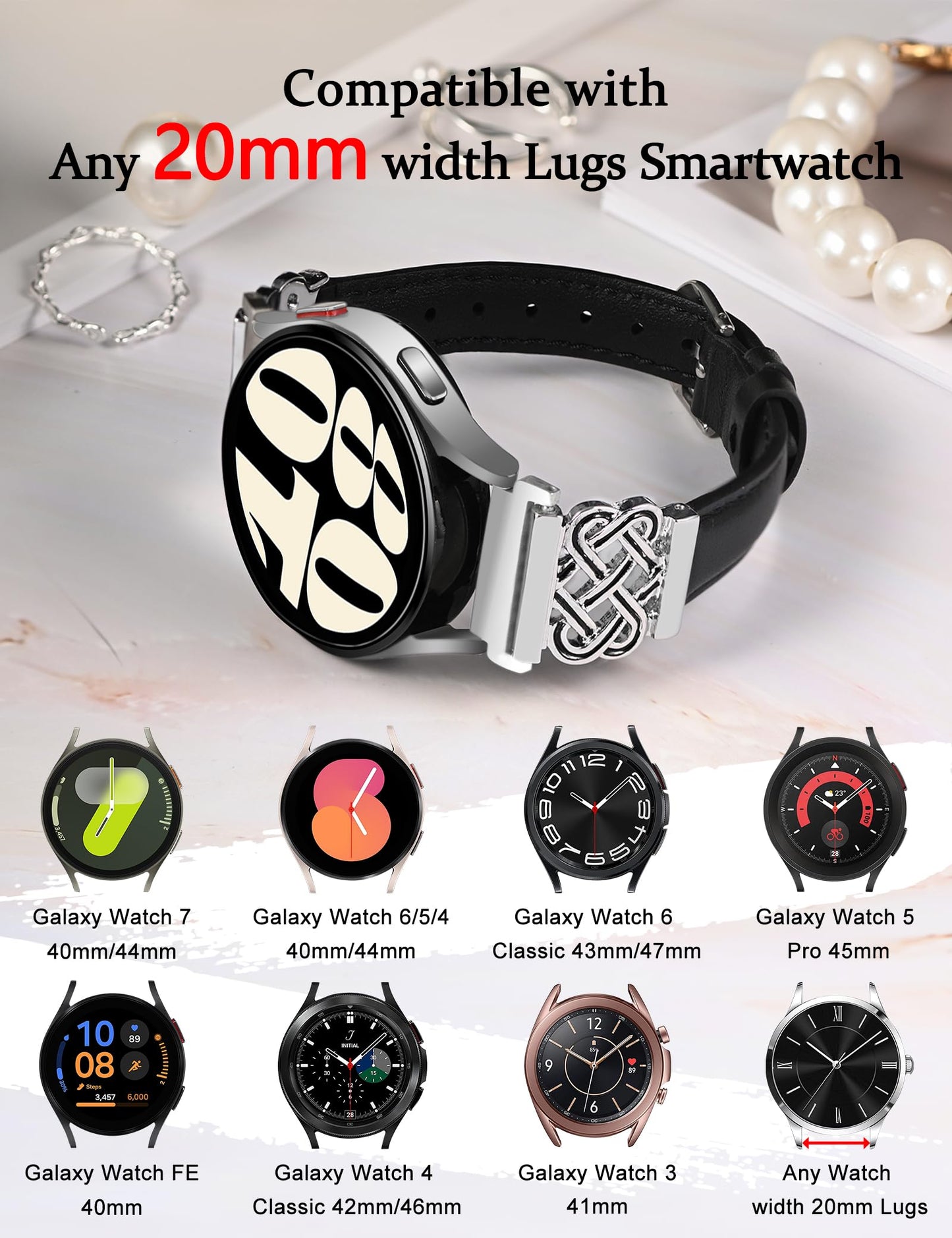 TOYOUTHS Celtic Knot Leather Band Compatible with Samsung Galaxy Watch 7 6 5 4 FE 40mm 44mm/Watch 6 Classic/Watch 5 Pro/Watch 4 Classic/Active 2/Watch 3 41mm Women, 20mm Slim Dressy Leather Strap