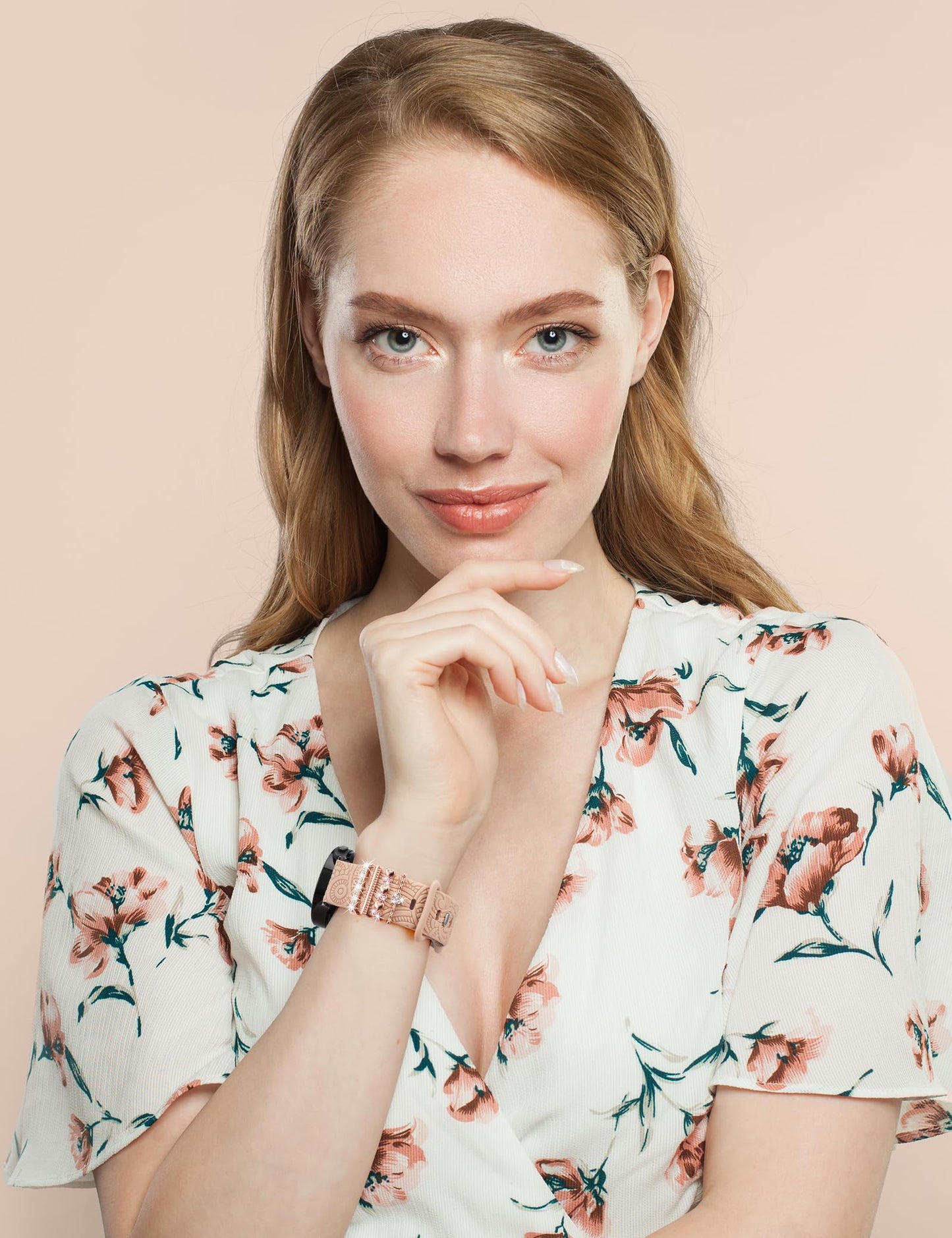 TOYOUTHS Compatible with Samsung Galaxy Watch 6/6 Classic/Watch 5/5 Pro/Watch 4 Band with Charms Women, 20mm Silicone Floral Engraved Strap with Ring Loops for Watch 3 41mm/Active 2