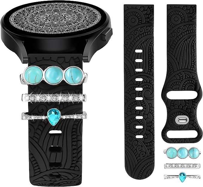 TOYOUTHS Compatible with Samsung Galaxy Watch 6/6 Classic/Watch 5/5 Pro/Watch 4 Band with Charms Women, 20mm Silicone Floral Engraved Strap with Ring Loops for Watch 3 41mm/Active 2