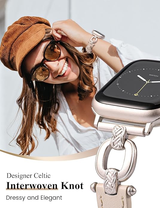 TOYOUTHS Leather Band Compatible with Apple Watch Bands Women 38/40/41/42/44/45/46/49mm Dressy Slim Leather Strap with Boho Metal Knot Buckle Bracelet for iWatch Series 10/9/8/7/6/5/4/3/2/1/SE/Ultra
