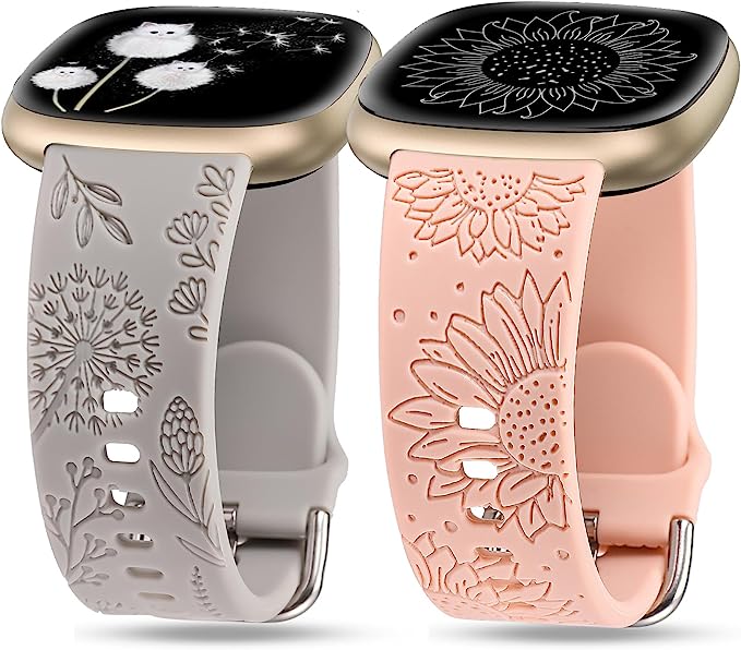 TOYOUTHS 2 Packs Compatible with Fitbit Sense Bands/Sense 2 Band/Versa 3 Band/Versa 4 Band Women Floral Engraved Silicone Strap Dressy Sunflower Dandelion Pattern Sport Bracelet, Starlight+Brown