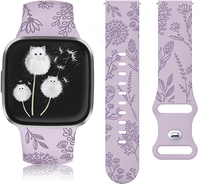 TOYOUTHS Compatible with Fitbit Versa/Versa 2 Watch Bands/Versa Lite Band Women Soft Silicone Floral Engraved Dandelion Wildflower Dressy Summer Strap Replacement for Fitbit Versa Wristband, Blue