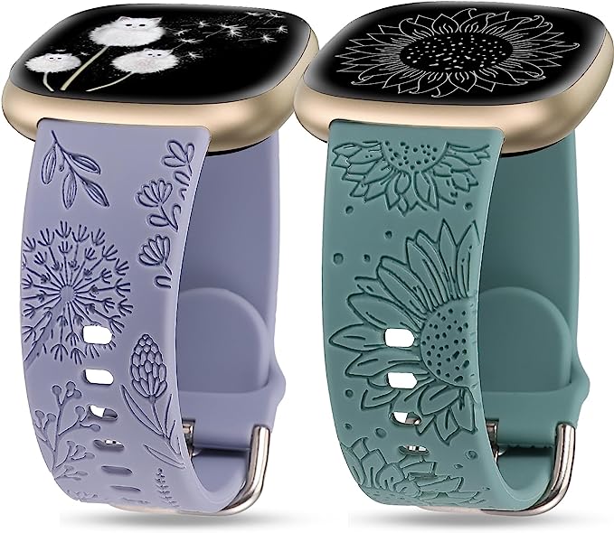 TOYOUTHS 2 Packs Compatible with Fitbit Sense Bands/Sense 2 Band/Versa 3 Band/Versa 4 Band Women Floral Engraved Silicone Strap Dressy Sunflower Dandelion Pattern Sport Bracelet, Starlight+Brown