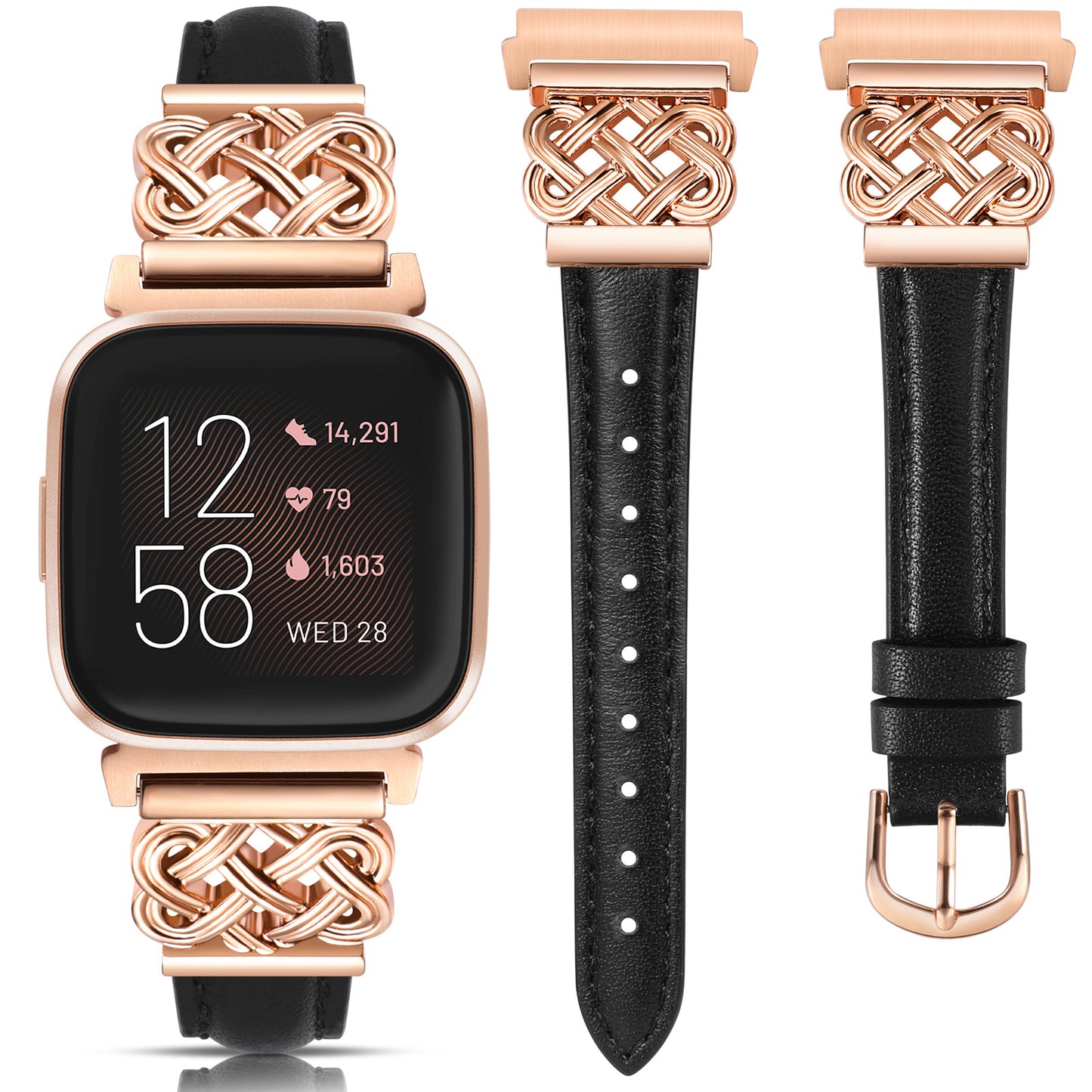 TOYOUTHS Celtic Knot Leather Band Compatible with Fitbit Versa 2/Versa/Versa Lite/SE Band Women, Slim Dressy Thin Designer Premium Leather Strap with Interlock Buckle for Fitbit Versa 2 Smartwatch