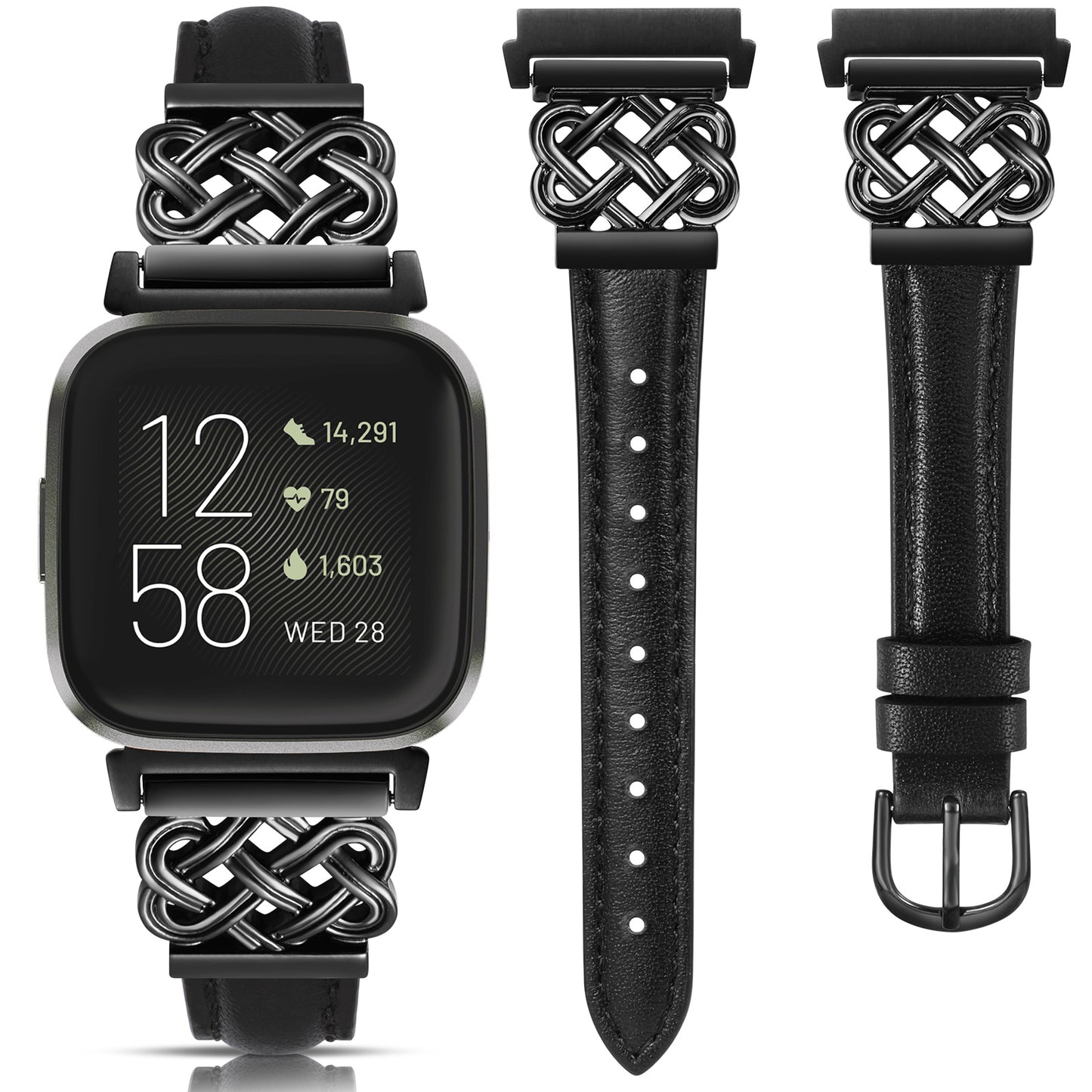 TOYOUTHS Celtic Knot Leather Band Compatible with Fitbit Versa 2/Versa/Versa Lite/SE Band Women, Slim Dressy Thin Designer Premium Leather Strap with Interlock Buckle for Fitbit Versa 2 Smartwatch
