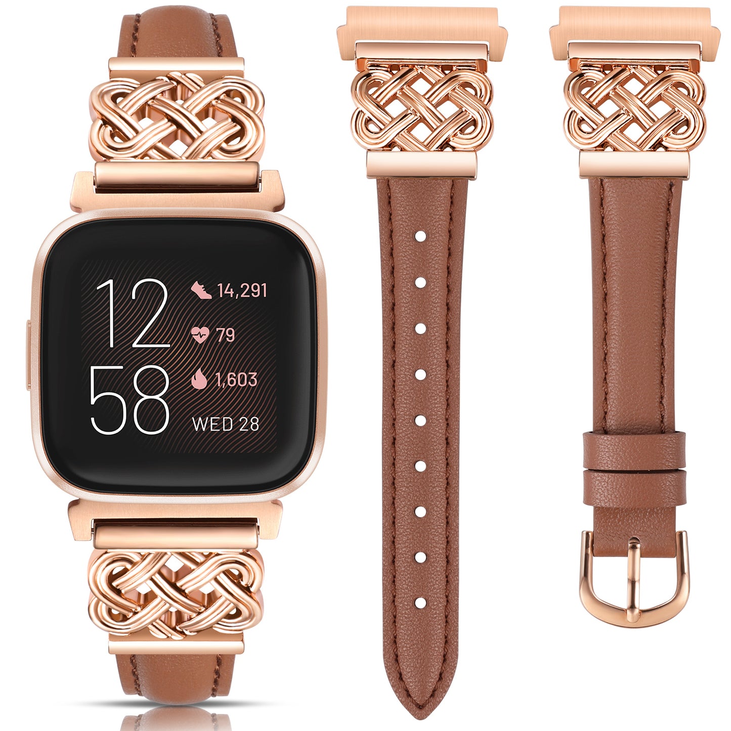 TOYOUTHS Celtic Knot Leather Band Compatible with Fitbit Versa 2/Versa/Versa Lite/SE Band Women, Slim Dressy Thin Designer Premium Leather Strap with Interlock Buckle for Fitbit Versa 2 Smartwatch