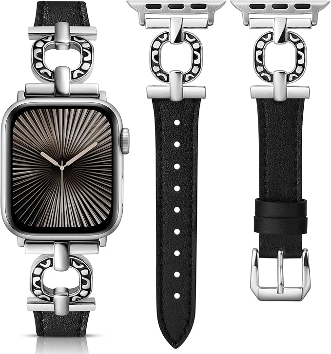 TOYOUTHS Leather Band Compatible with Apple Watch Strap Women 49/46/45/44/42/41/40/38mm Fancy Vintage Scrollwork Oval Metal Buckle Leather Strap for iWatch Band Series 10 9 8 7 6 5 4 3 2 1 SE Ultra