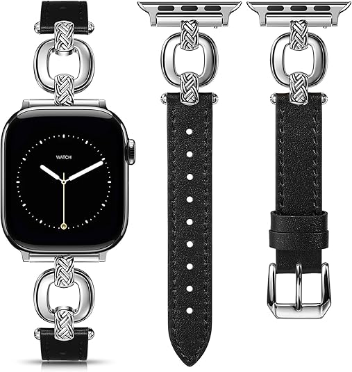 TOYOUTHS Leather Band Compatible with Apple Watch Bands Women 38/40/41/42/44/45/46/49mm Dressy Slim Leather Strap with Boho Metal Knot Buckle Bracelet for iWatch Series 10/9/8/7/6/5/4/3/2/1/SE/Ultra