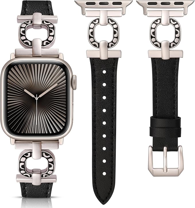 TOYOUTHS Leather Band Compatible with Apple Watch Strap Women 49/46/45/44/42/41/40/38mm Fancy Vintage Scrollwork Oval Metal Buckle Leather Strap for iWatch Band Series 10 9 8 7 6 5 4 3 2 1 SE Ultra