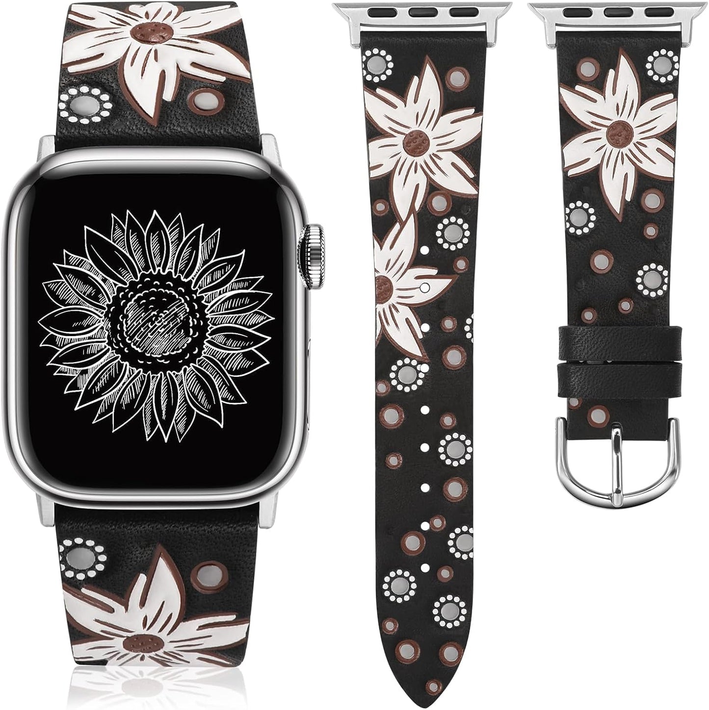 TOYOUTHS Leather Band Compatible with Apple Watch Strap Women 38/40/41/42mm Fancy Western Embossed Sunflower Floral Bracelet Wristband for iWatch Bands Series 10 9 8 7 6 5 4 3 2 1 SE