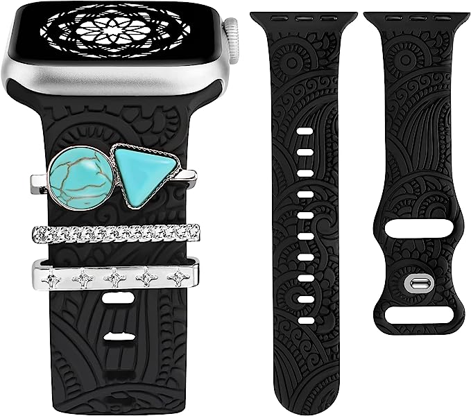 TOYOUTHS Compatible with Apple Watch Band with Decorative Ring Loops Soft Silicone Flower Strap Bracelet with Metal Charms iWatch 42/44/45/49mm Series SE Ultra 8 7 6 5 4 3 2 1