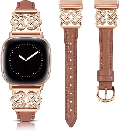 TOYOUTHS Leather Band Compatible with Fitbit Versa 4/Versa 3/Sense 2/Sense Band Women, Elegant Dressy Slim Leather Strap with Designer Celtic Heart-Shaped Knot Buckle for Versa 4 Sense 2 Smartwatch