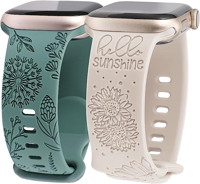 TOYOUTHS 2 Packs Compatible with Apple Watch Band 41mm 40mm 38mm Women Girls Silicone Dressy Floral Engraved Strap Sunflower Wildflower Sport Bracelet for iWatch Series SE/8/7/6/5/4/3/2/1