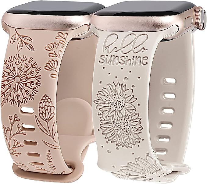 TOYOUTHS 2 Packs Compatible with Apple Watch Band 41mm 40mm 38mm Women Girls Silicone Dressy Floral Engraved Strap Sunflower Wildflower Sport Bracelet for iWatch Series SE/8/7/6/5/4/3/2/1