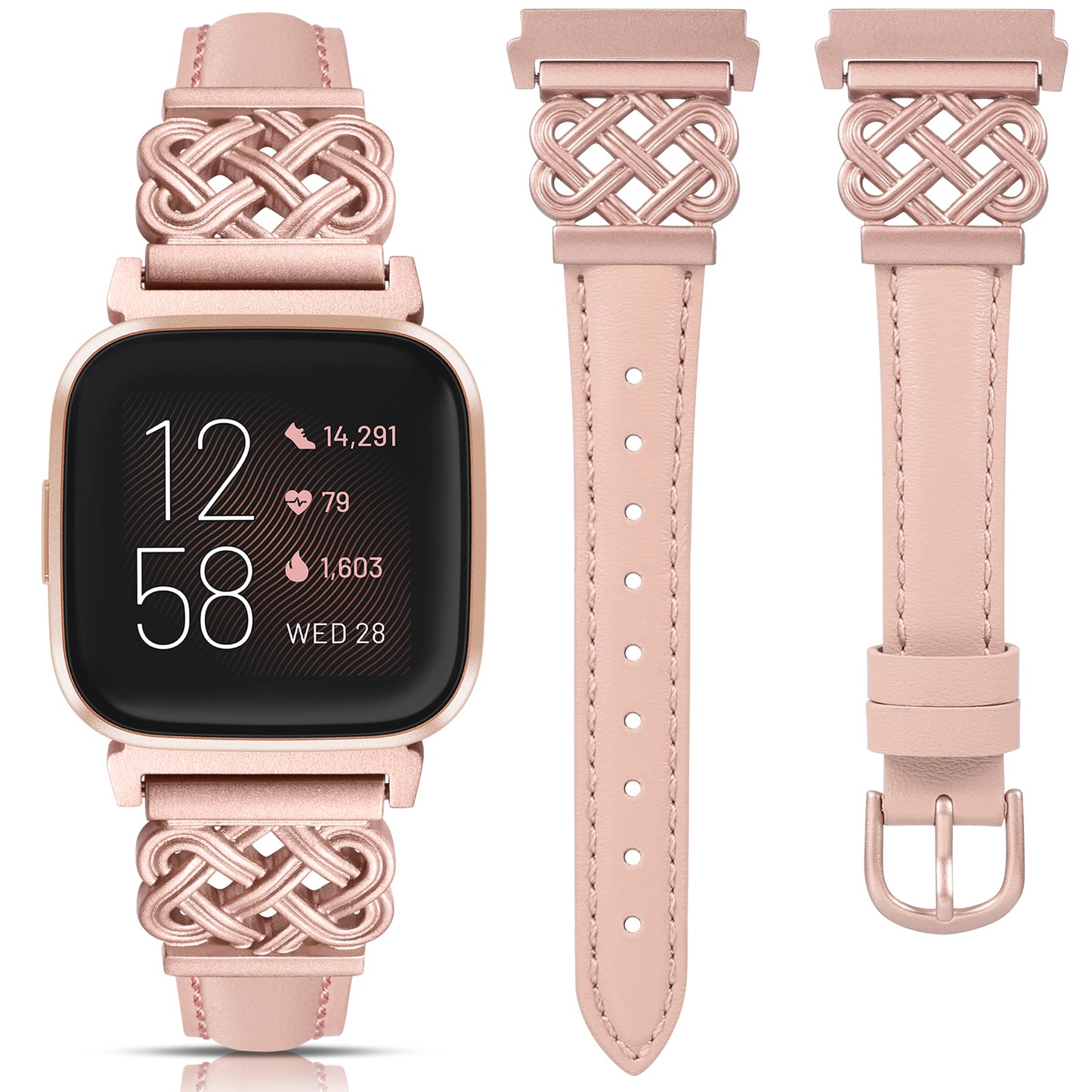 TOYOUTHS Celtic Knot Leather Band Compatible with Fitbit Versa 2/Versa/Versa Lite/SE Band Women, Slim Dressy Thin Designer Premium Leather Strap with Interlock Buckle for Fitbit Versa 2 Smartwatch