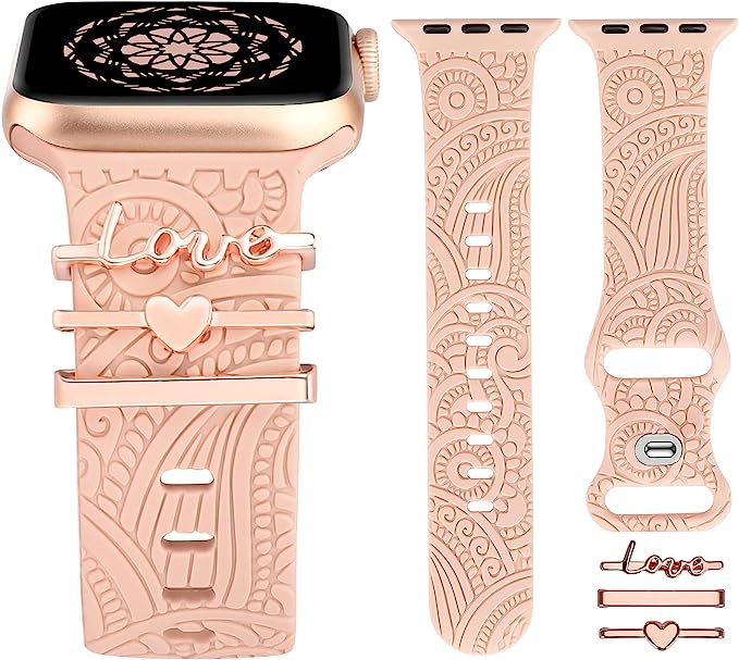 TOYOUTHS Compatible with Apple Watch Band with Decorative Ring Loops Soft Silicone Flower Strap Bracelet with Metal Charms iWatch 42/44/45/49mm Series SE Ultra 8 7 6 5 4 3 2 1