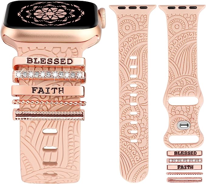 TOYOUTHS Compatible with Apple Watch Band with Decorative Ring Loops Soft Silicone Flower Strap Bracelet with Metal Charms iWatch 42/44/45/49mm Series SE Ultra 8 7 6 5 4 3 2 1