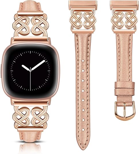 TOYOUTHS Leather Band Compatible with Fitbit Versa 4/Versa 3/Sense 2/Sense Band Women, Elegant Dressy Slim Leather Strap with Designer Celtic Heart-Shaped Knot Buckle for Versa 4 Sense 2 Smartwatch