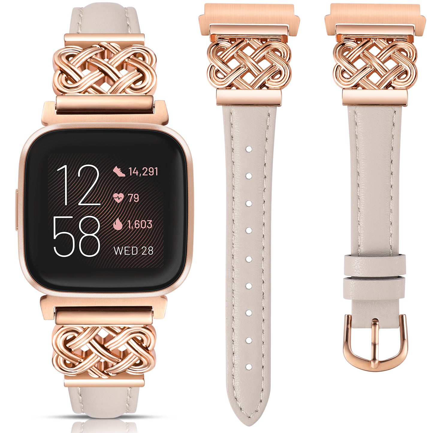 TOYOUTHS Celtic Knot Leather Band Compatible with Fitbit Versa 2/Versa/Versa Lite/SE Band Women, Slim Dressy Thin Designer Premium Leather Strap with Interlock Buckle for Fitbit Versa 2 Smartwatch
