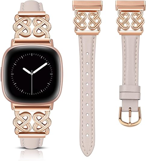 TOYOUTHS Leather Band Compatible with Fitbit Versa 4/Versa 3/Sense 2/Sense Band Women, Elegant Dressy Slim Leather Strap with Designer Celtic Heart-Shaped Knot Buckle for Versa 4 Sense 2 Smartwatch