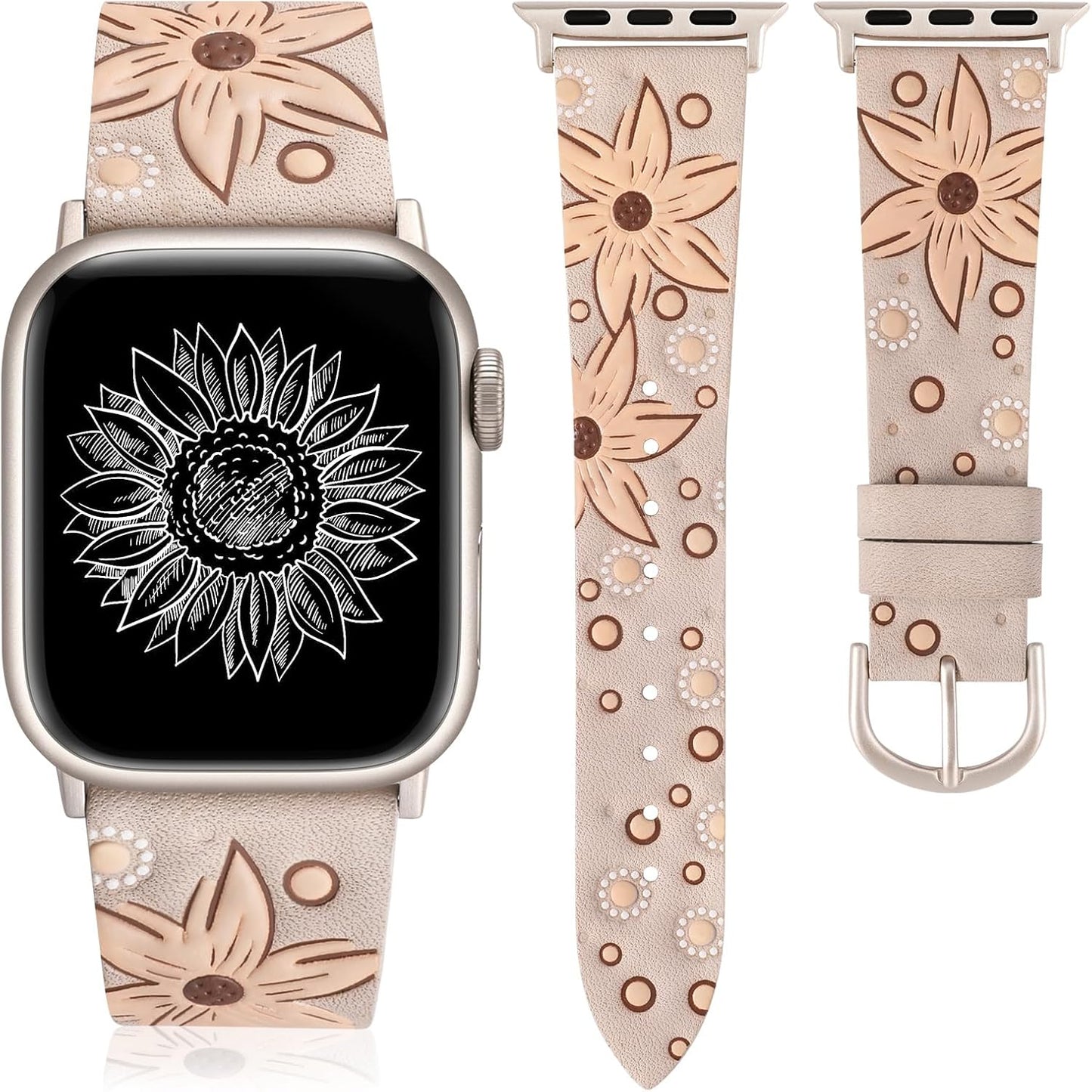 TOYOUTHS Leather Band Compatible with Apple Watch Strap Women 38/40/41/42mm Fancy Western Embossed Sunflower Floral Bracelet Wristband for iWatch Bands Series 10 9 8 7 6 5 4 3 2 1 SE