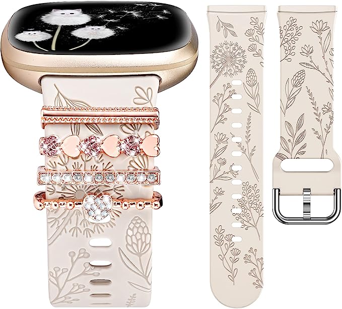 TOYOUTHS Watch Band with Charms Compatible with Fitbit Sense/Sense 2/Versa 3/Versa 4 Bands Women Floral Engraved Silicone Strap Bracelet with Decorative Ring Loops for Fitbit Versa 3 Bands
