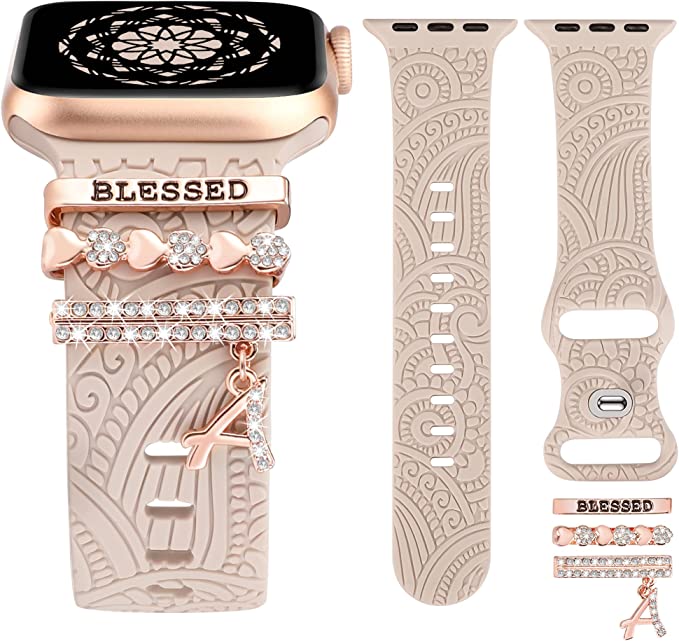 TOYOUTHS Compatible with Apple Watch Band with Decorative Ring Loops Soft Silicone Flower Strap Bracelet with Metal Charms iWatch 42/44/45/49mm Series SE Ultra 8 7 6 5 4 3 2 1