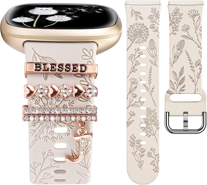 TOYOUTHS Watch Band with Charms Compatible with Fitbit Sense/Sense 2/Versa 3/Versa 4 Bands Women Floral Engraved Silicone Strap Bracelet with Decorative Ring Loops for Fitbit Versa 3 Bands