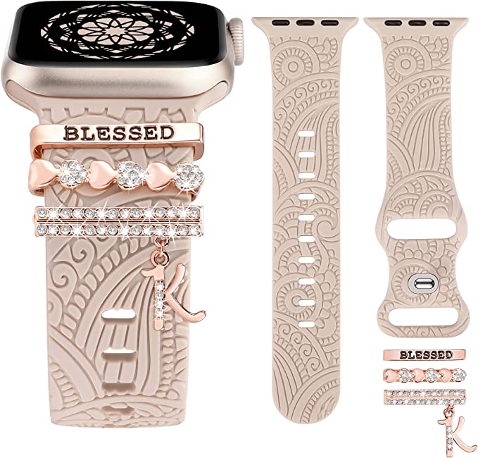 TOYOUTHS Compatible with Apple Watch Band with Decorative Ring Loops Soft Silicone Flower Strap Bracelet with Metal Charms iWatch 42/44/45/49mm Series SE Ultra 8 7 6 5 4 3 2 1