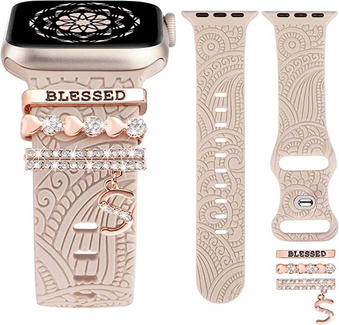 TOYOUTHS Compatible with Apple Watch Band with Decorative Ring Loops Soft Silicone Flower Strap Bracelet with Metal Charms iWatch 42/44/45/49mm Series SE Ultra 8 7 6 5 4 3 2 1