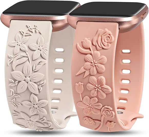 TOYOUTHS 2 Pack Compatible with Fitbit Versa 2/Versa Lite/Versa Watch Bands for Women Floral Engraved Soft Silicone Dressy Embossed Flower Strap Replacement Versa 2 Special Edition Bracelet Wristband