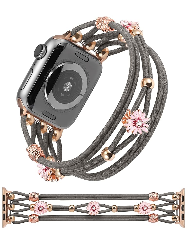 TOYOUTHS Floral Bracelet Compatible with Apple Watch Band 42/41/40/38mm Women, Boho Beaded Braided Slim Elastic Stretchy Solo Loop Dressy Nylon Strap for iWatch Series 10/9/SE/8/7/6/5/4/3/2/1