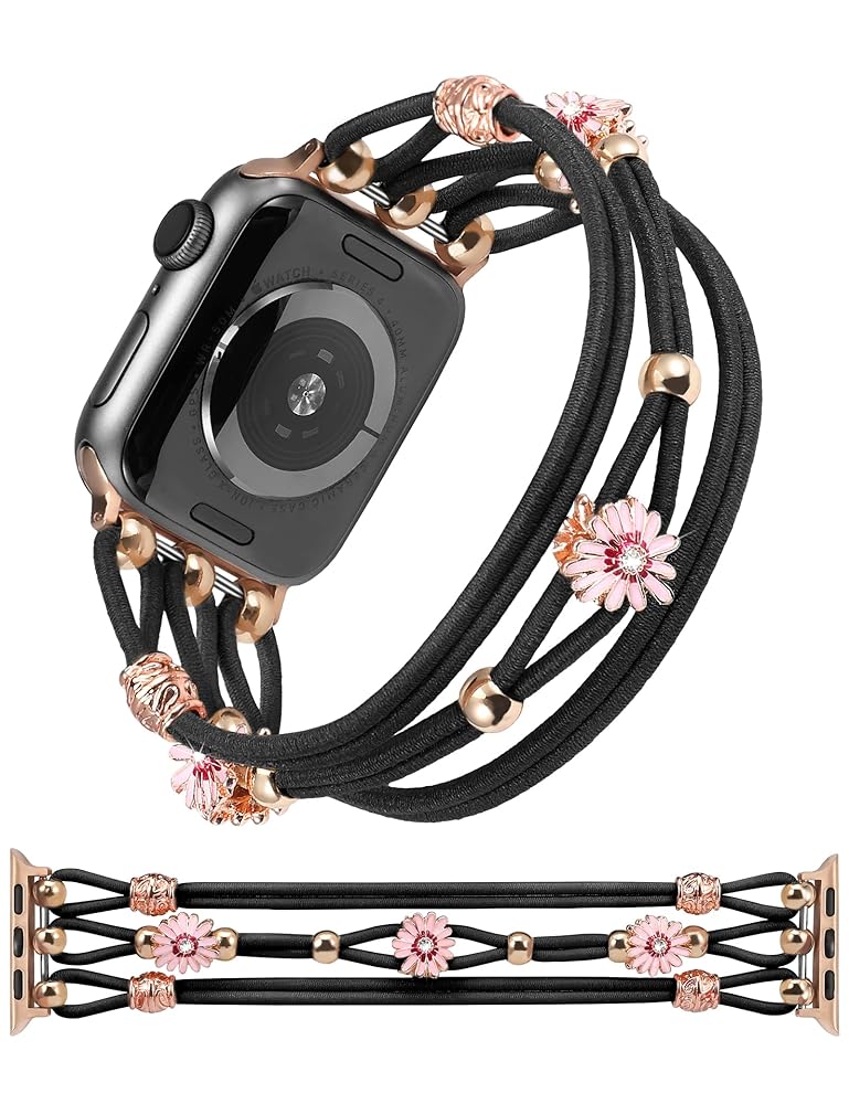 TOYOUTHS Floral Bracelet Compatible with Apple Watch Band 42/41/40/38mm Women, Boho Beaded Braided Slim Elastic Stretchy Solo Loop Dressy Nylon Strap for iWatch Series 10/9/SE/8/7/6/5/4/3/2/1