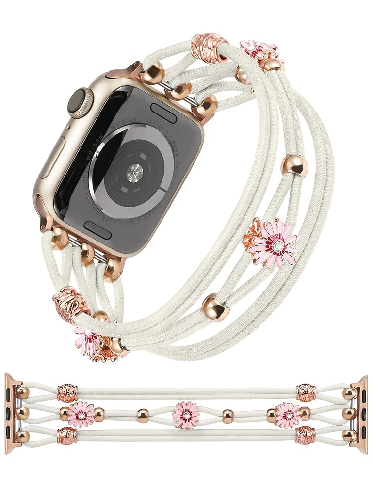 TOYOUTHS Floral Bracelet Compatible with Apple Watch Band 42/41/40/38mm Women, Boho Beaded Braided Slim Elastic Stretchy Solo Loop Dressy Nylon Strap for iWatch Series 10/9/SE/8/7/6/5/4/3/2/1