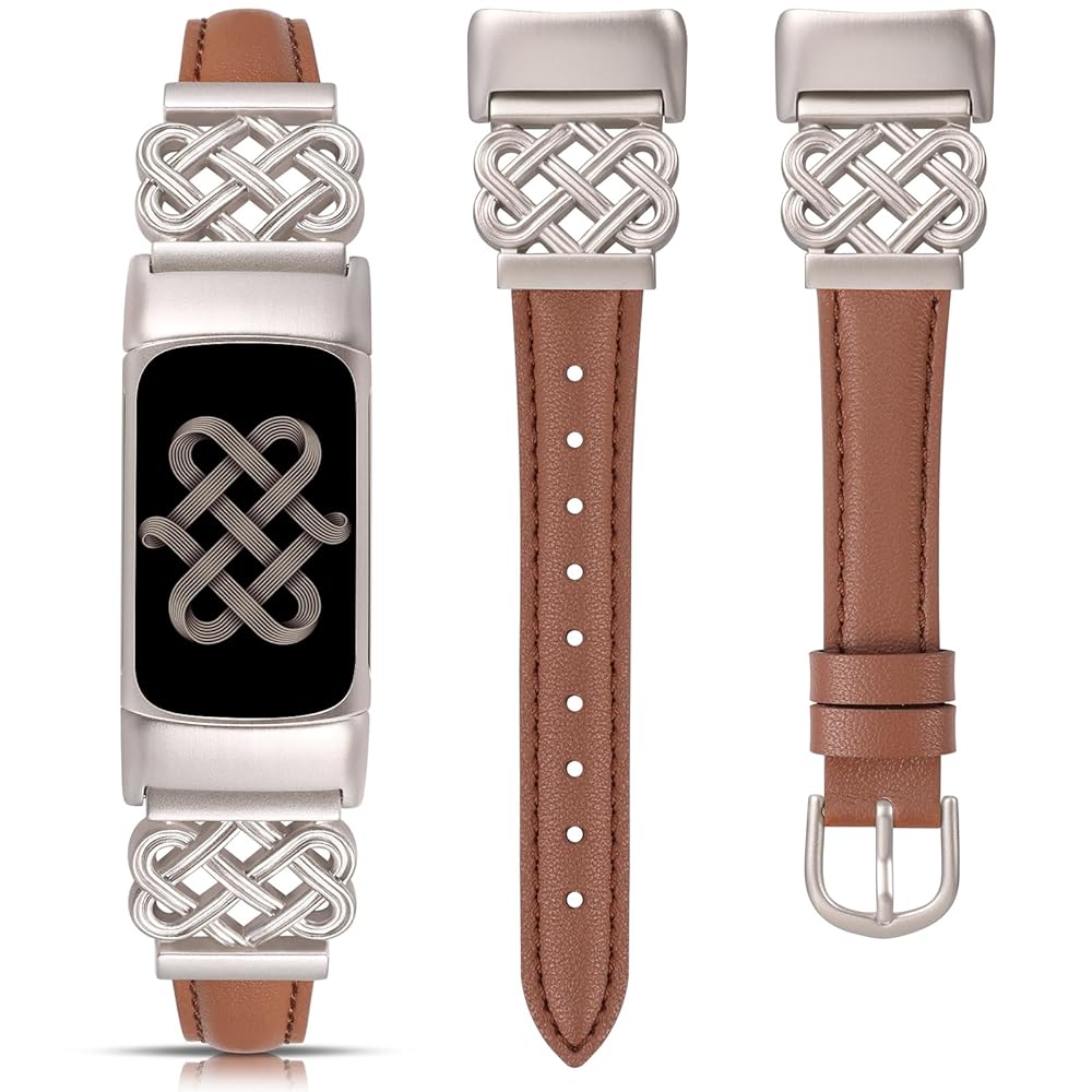 TOYOUTHS Celtic Knot Leather Band Compatible with Fitbit Charge 6/Fitbit Charge 5 Band Women, Slim Dressy Thin Designer Premium Leather Strap with Interlock Buckle for Fitbit Charge 6/5 Smartwatch