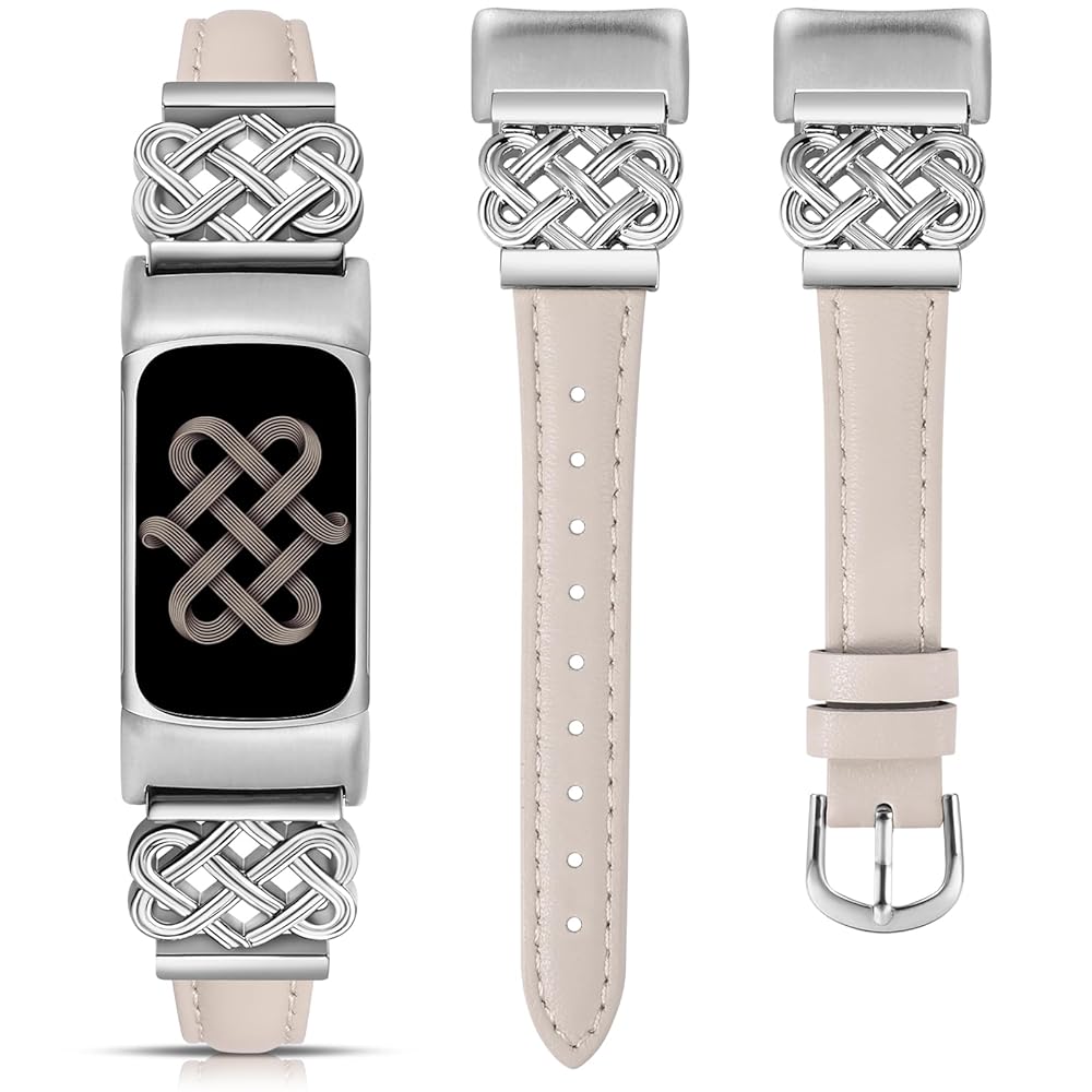TOYOUTHS Celtic Knot Leather Band Compatible with Fitbit Charge 6/Fitbit Charge 5 Band Women, Slim Dressy Thin Designer Premium Leather Strap with Interlock Buckle for Fitbit Charge 6/5 Smartwatch