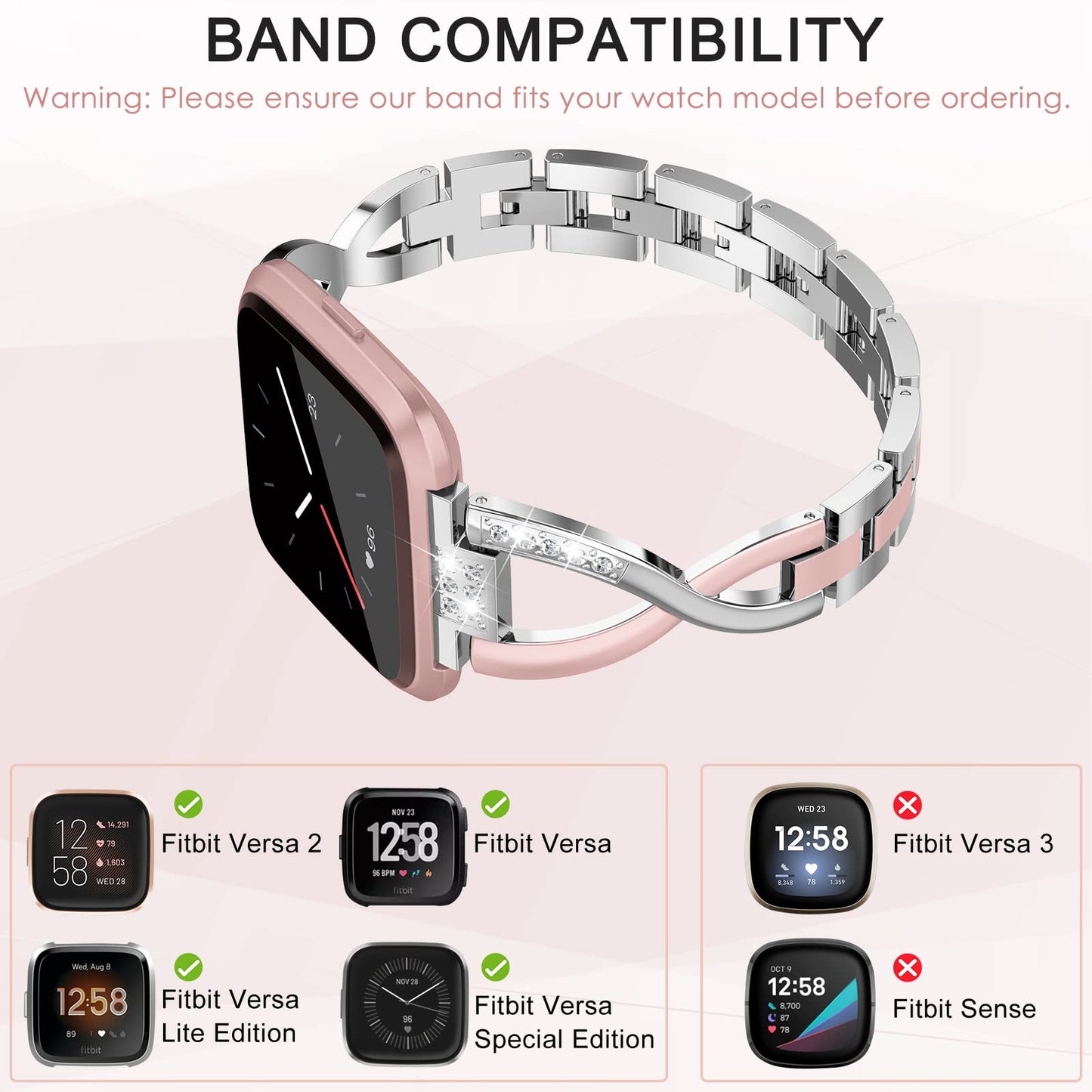 TOYOUTHS Bling Bracelet Fitbit Versa/Versa 2 Bands for Women Stainless Steel Wristbands Replacement for Versa Lite Edition/Versa SE Accessories Dressy Metal Strap Bangle