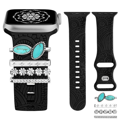 TOYOUTHS Decorative Ring Loops Compatible with Apple Watch Band Charms 41mm 40mm 38mm 42mm 44mm 45mm 49mm Women, Boho Engraved Fancy Jewelry Accessories Silicone Band for iWatch Series 8 SE Ultra 7 6 5 4 3 2