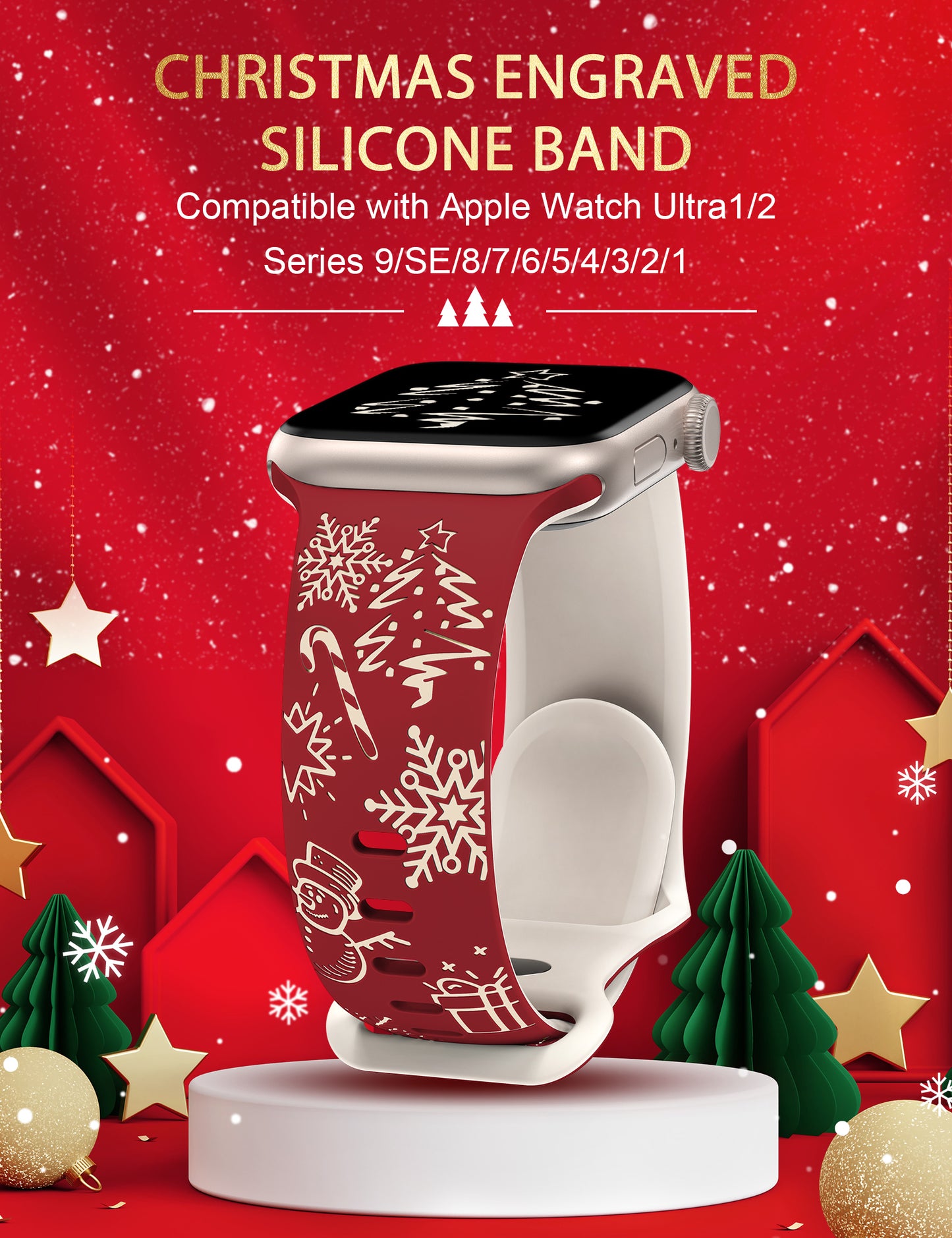 Two-Tone Engraved Christmas Silicone Band for Apple Watch Bands Women Men