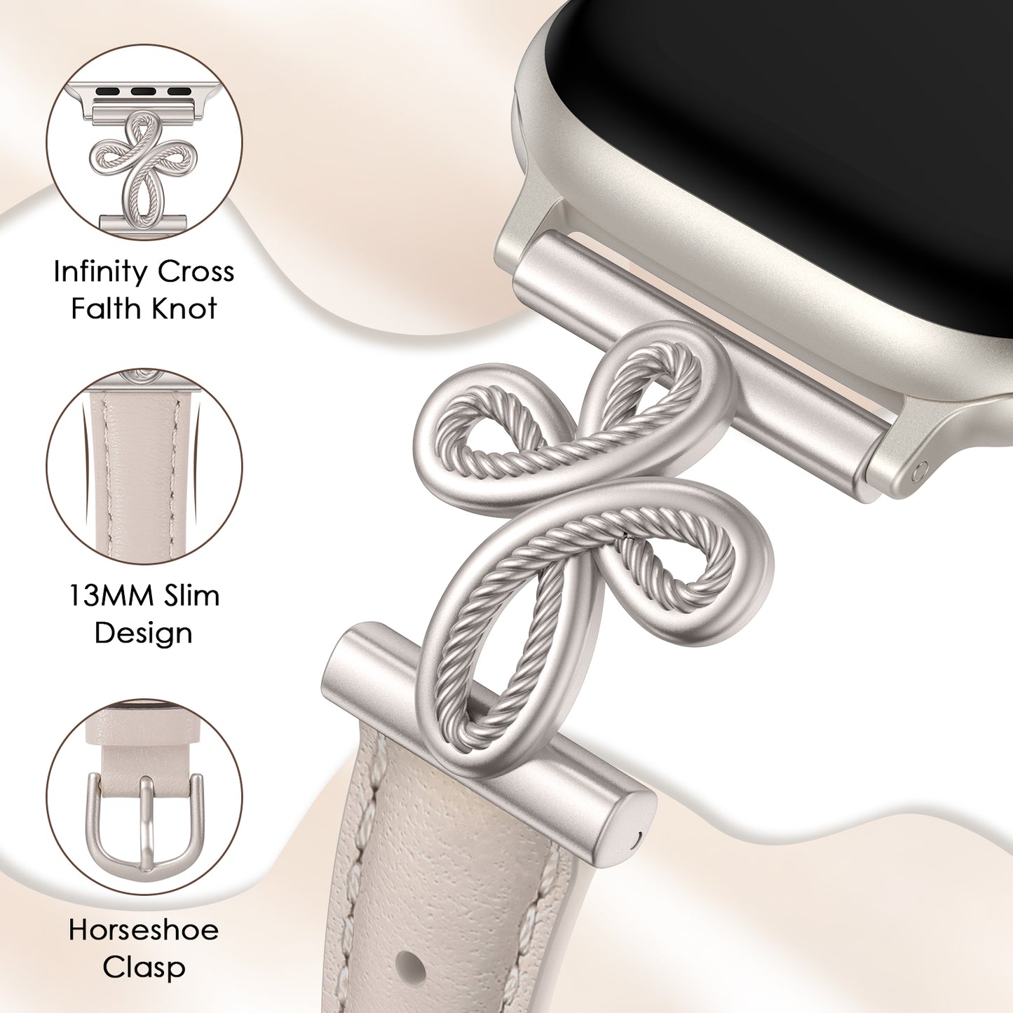 TOYOUTHS Slim Leather Band Compatible with Apple Watch Bands 42/41/40/38mm Women, Top Grain Genuine Celtic Knot Cross Dressy Thin Fashion Strap for iWatch Series 10/9/SE/8/7/6/5/4/3/2/1