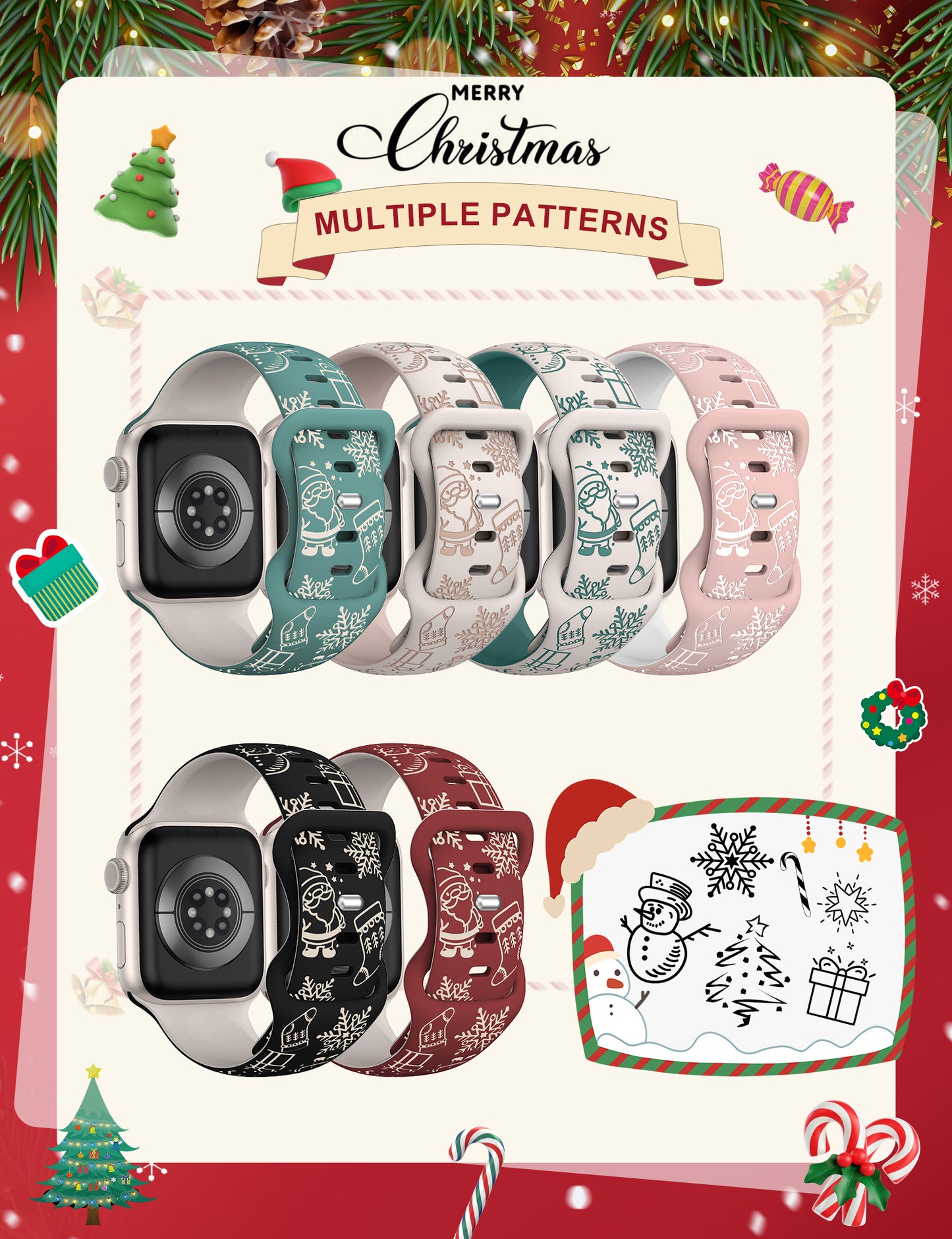 Two-Tone Engraved Christmas Silicone Band for Apple Watch Bands Women Men