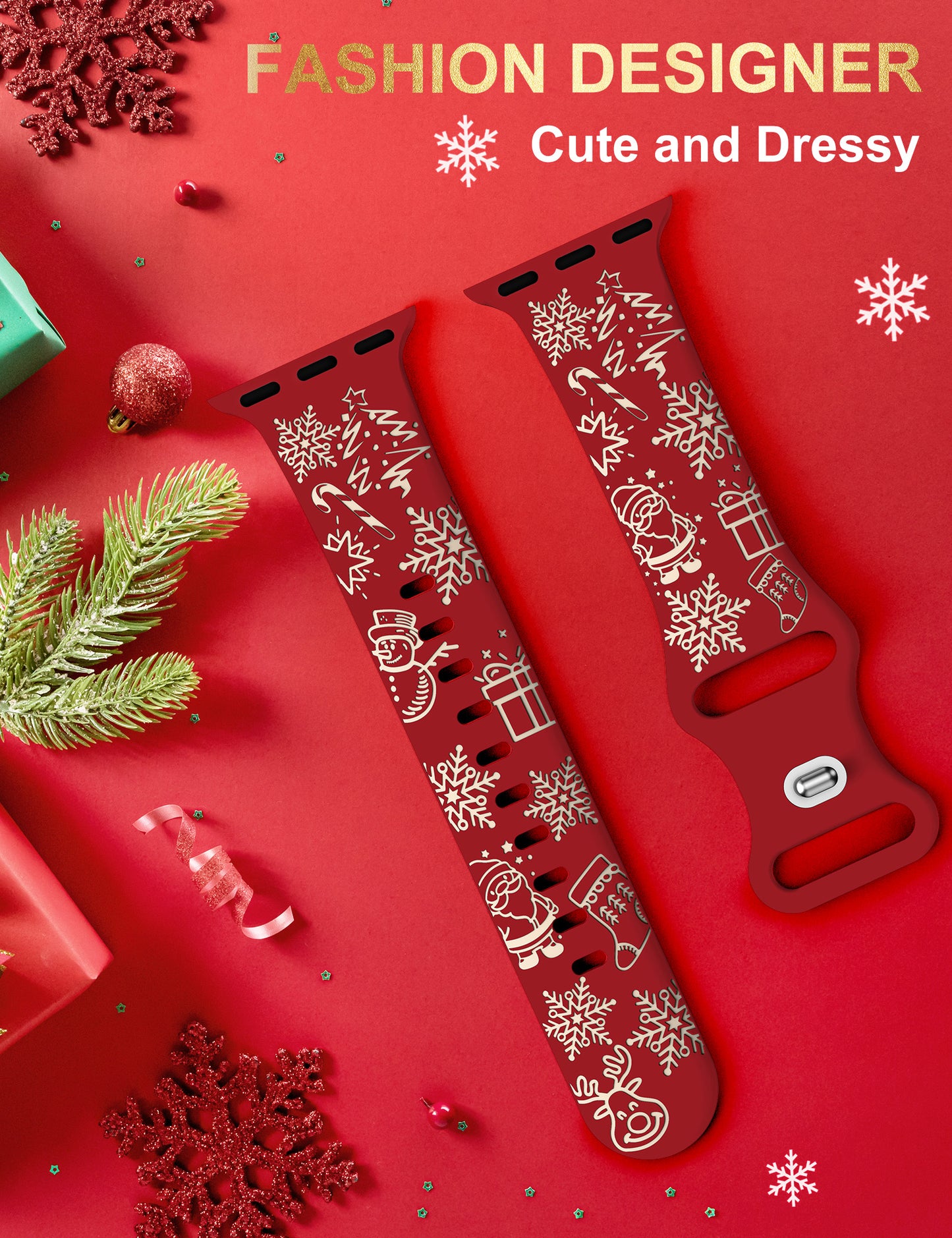 Two-Tone Engraved Christmas Silicone Band for Apple Watch Bands Women Men