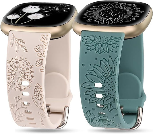 TOYOUTHS 2 Packs Compatible with Fitbit Sense Bands/Sense 2 Band/Versa 3 Band/Versa 4 Band Women Floral Engraved Silicone Strap Dressy Sunflower Dandelion Pattern Sport Bracelet, Starlight+Brown